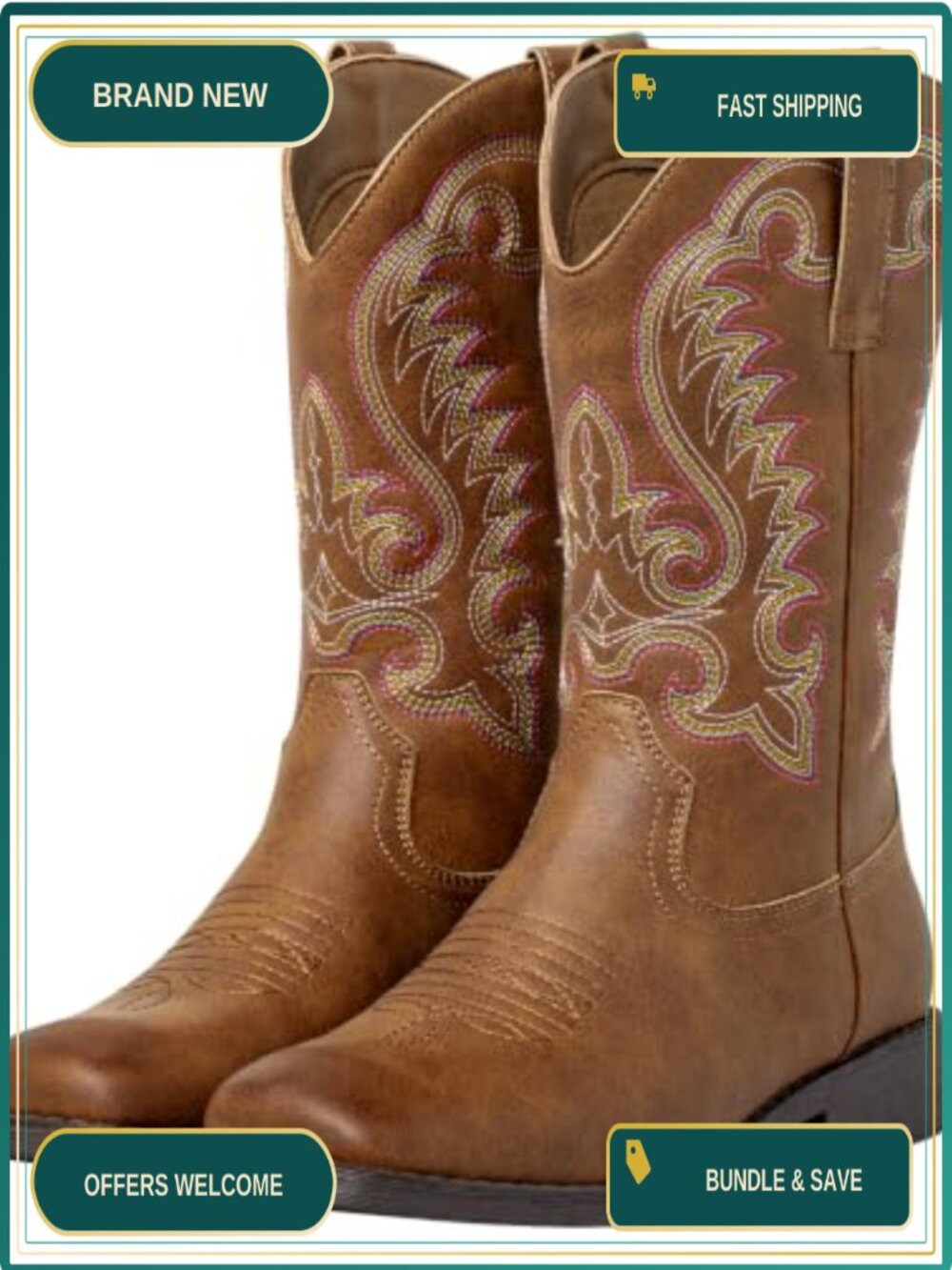 Women's Western Square Toe Cowboy Boots with Embroidery - Faux Leather